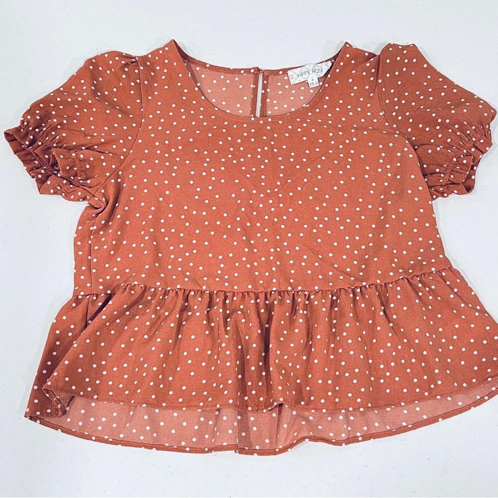 Hippie Rose medium Polka Dot Top Blouse Terracotta Rust Orange White Ruffle Hem